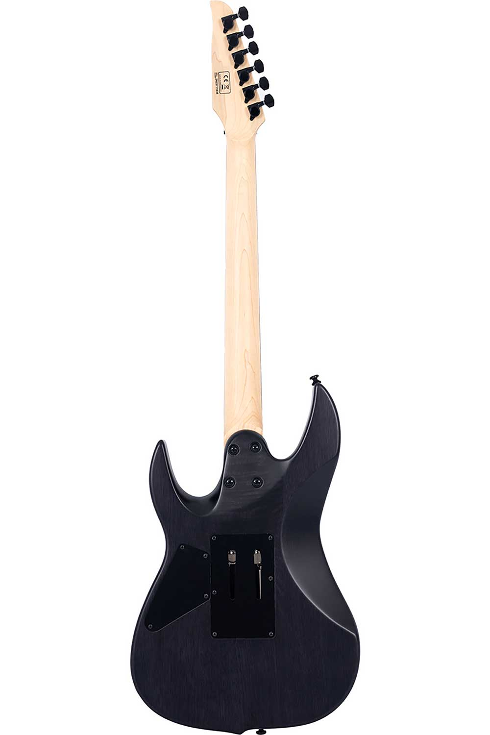 Açık renk sapa ve siyah akort burgularına sahip koyu renkli elektro gitarın arka görünümü.