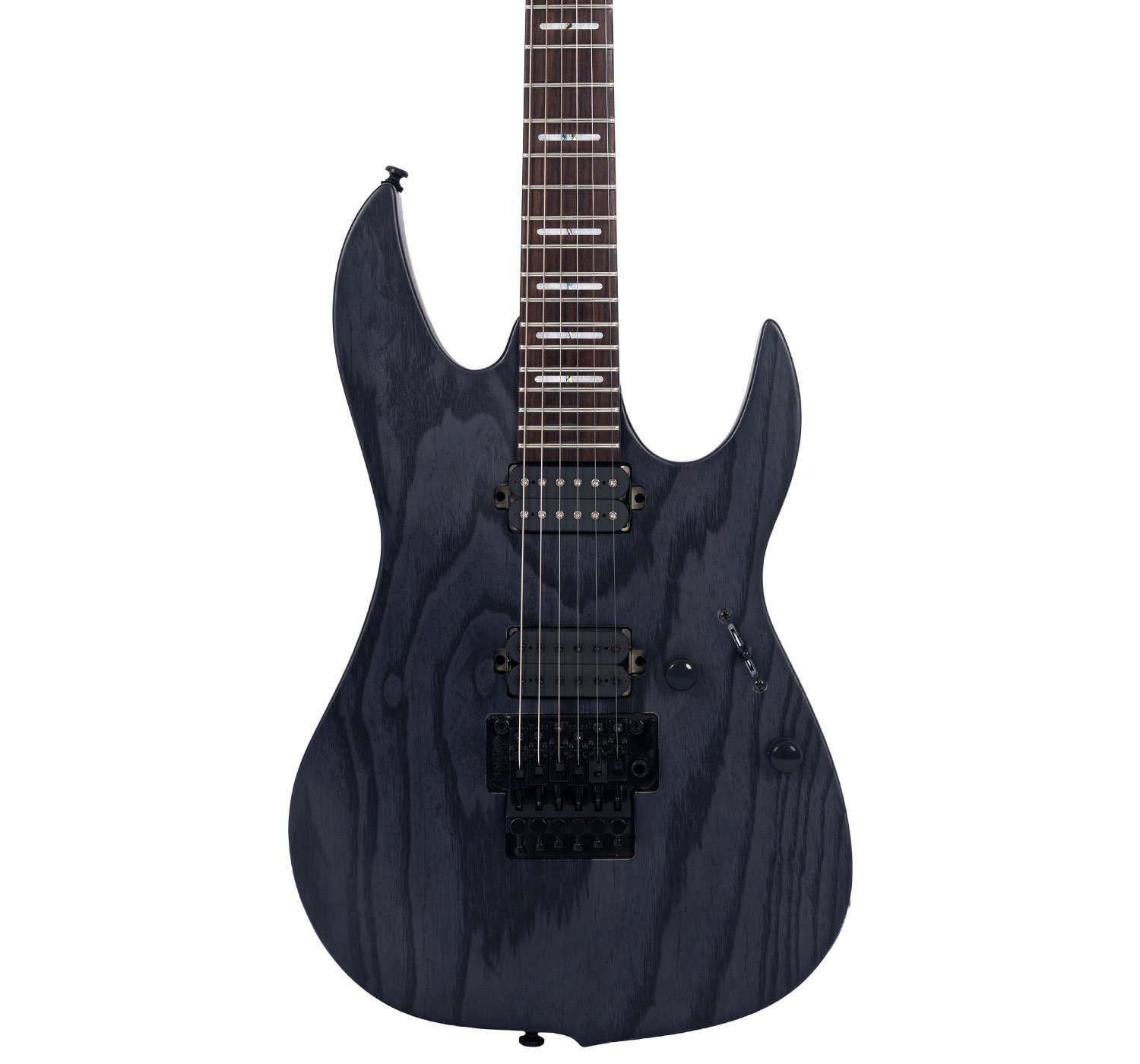 Beş telli koyu renkli elektro gitar, beyaz arka plan üzerinde.