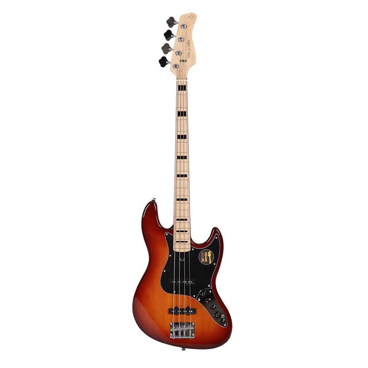 Siyah pena korumalı ve gümüş düğmeli, güneş lekeli bas gitar.