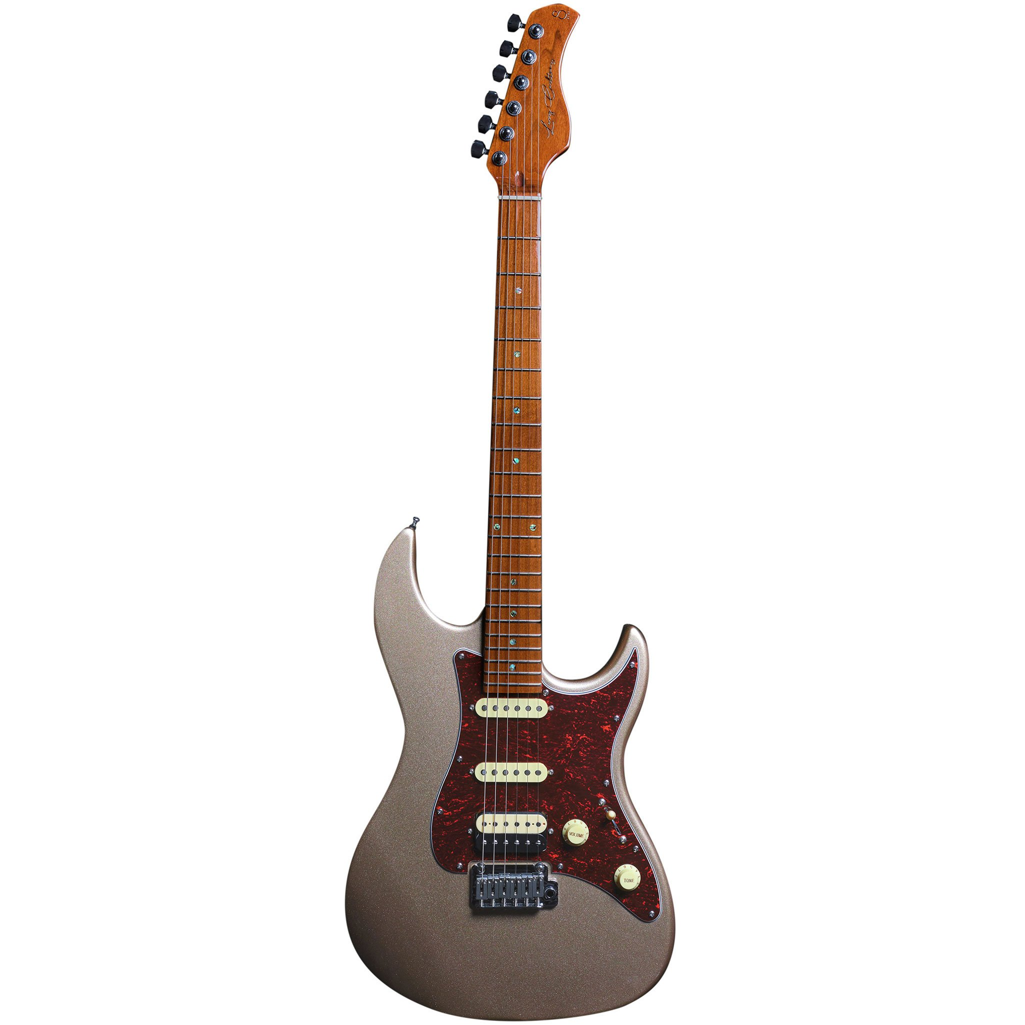 Kırmızı pena korumalı, ahşap saplı, simli gümüş elektrik gitar.