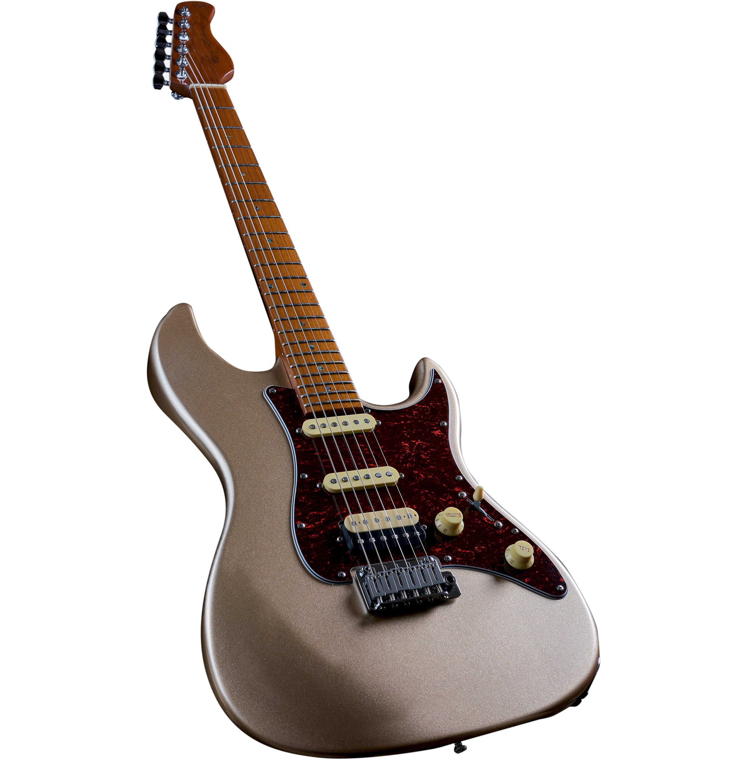 Parlak, altın rengi, kahverengi saplı ve kaplumbağa kabuğu desenli elektro gitar.