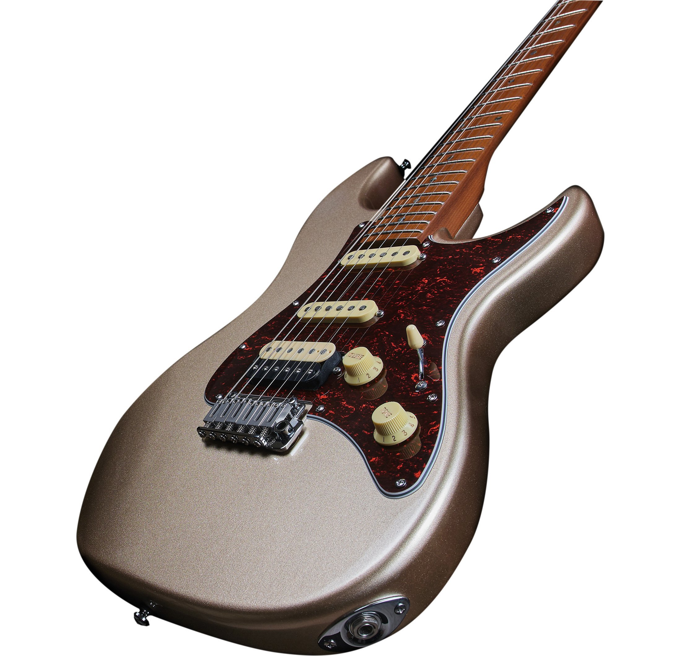 Gümüş donanıma ve kaplumbağa kabuğu pena koruyucusuna sahip kahverengi elektro gitar.