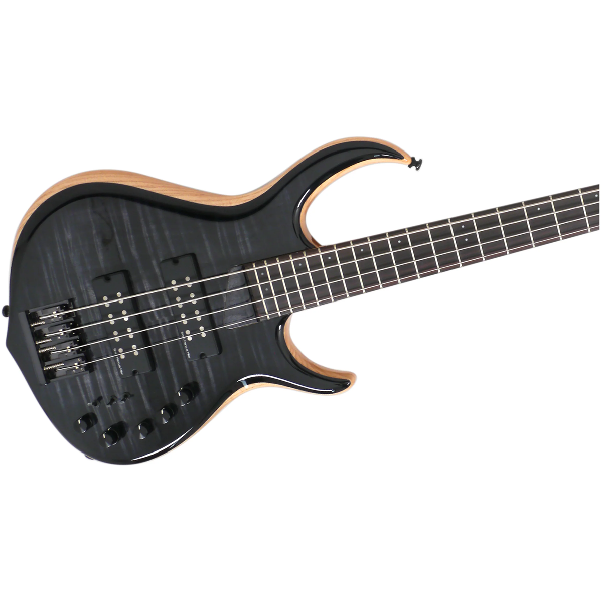 Ahşap vurgulu, dört telli siyah elektro bas gitar.