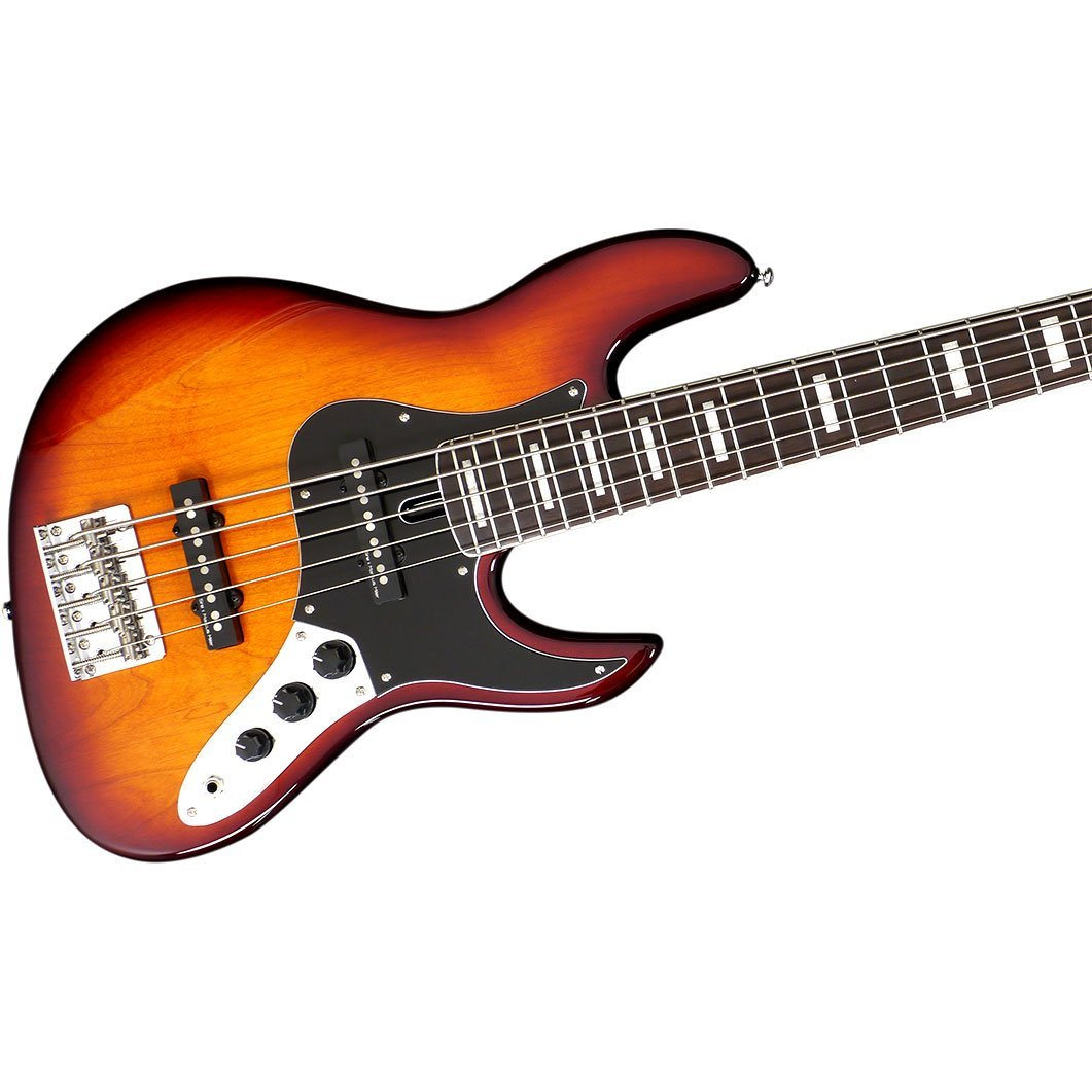 Dört telli, siyah pena korumalı, güneş patlaması renkli elektro bas gitar.