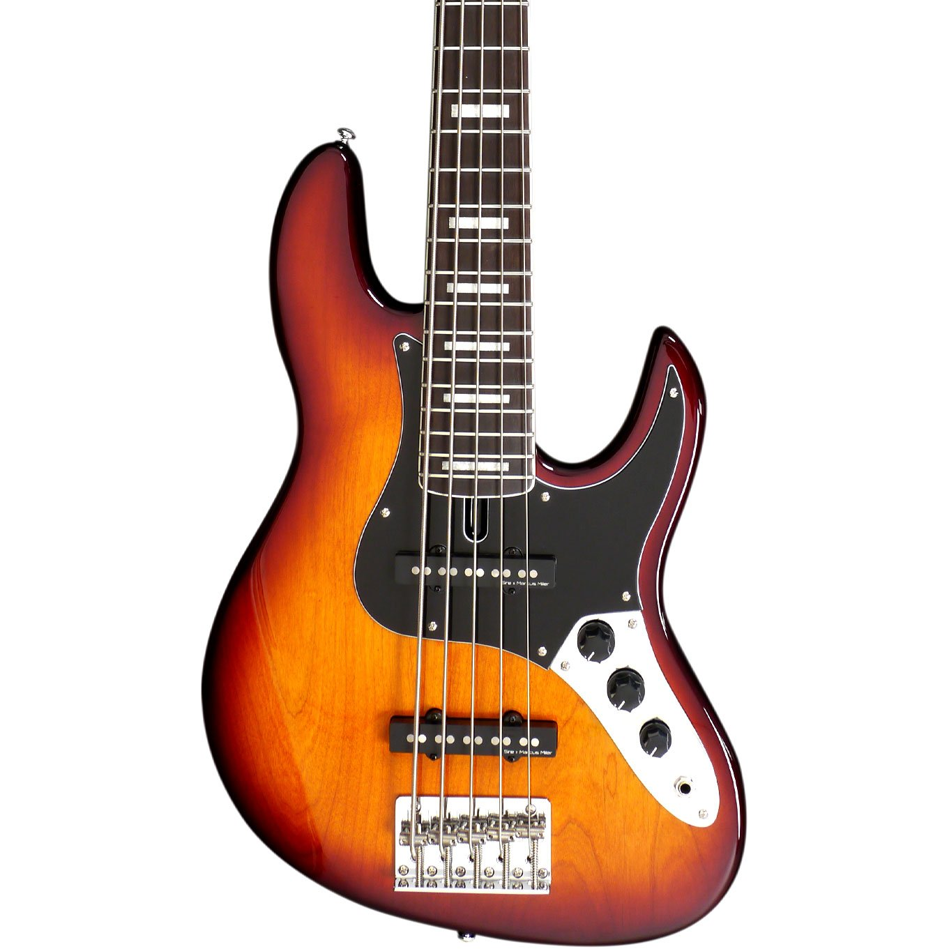 Siyah pena korumalı ve gümüş köprülü, güneş ışığı renkli elektro bas gitar.