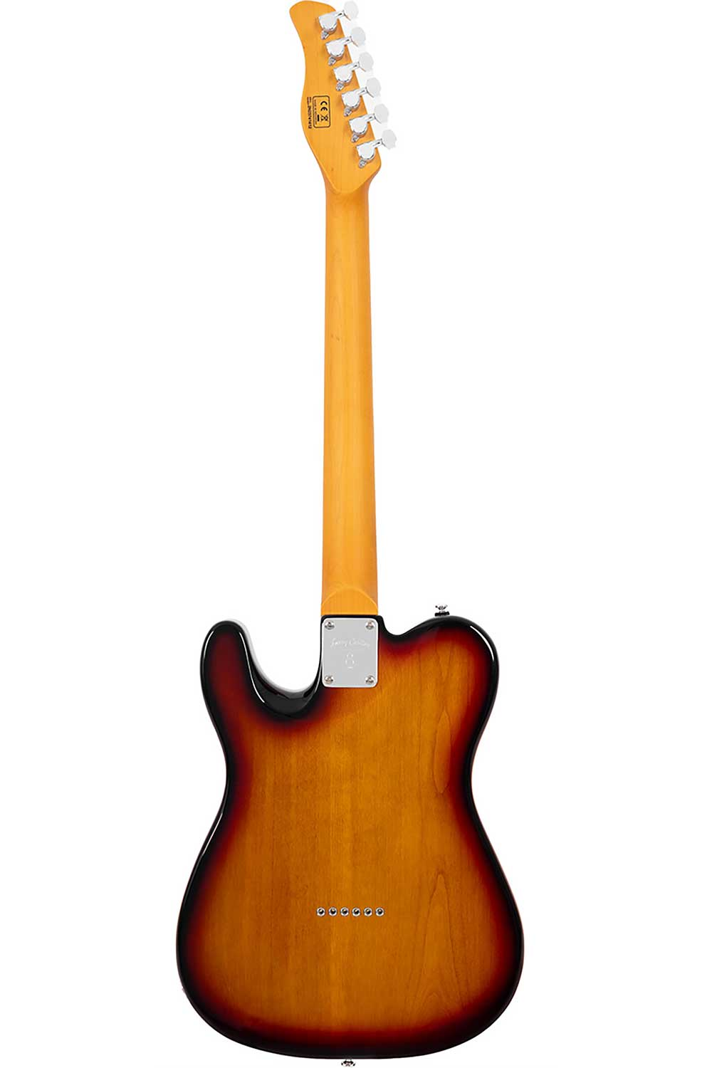 Gümüş burgulu, açık renk ahşap saplı, güneş patlaması renkli elektro gitarın arka görünümü.