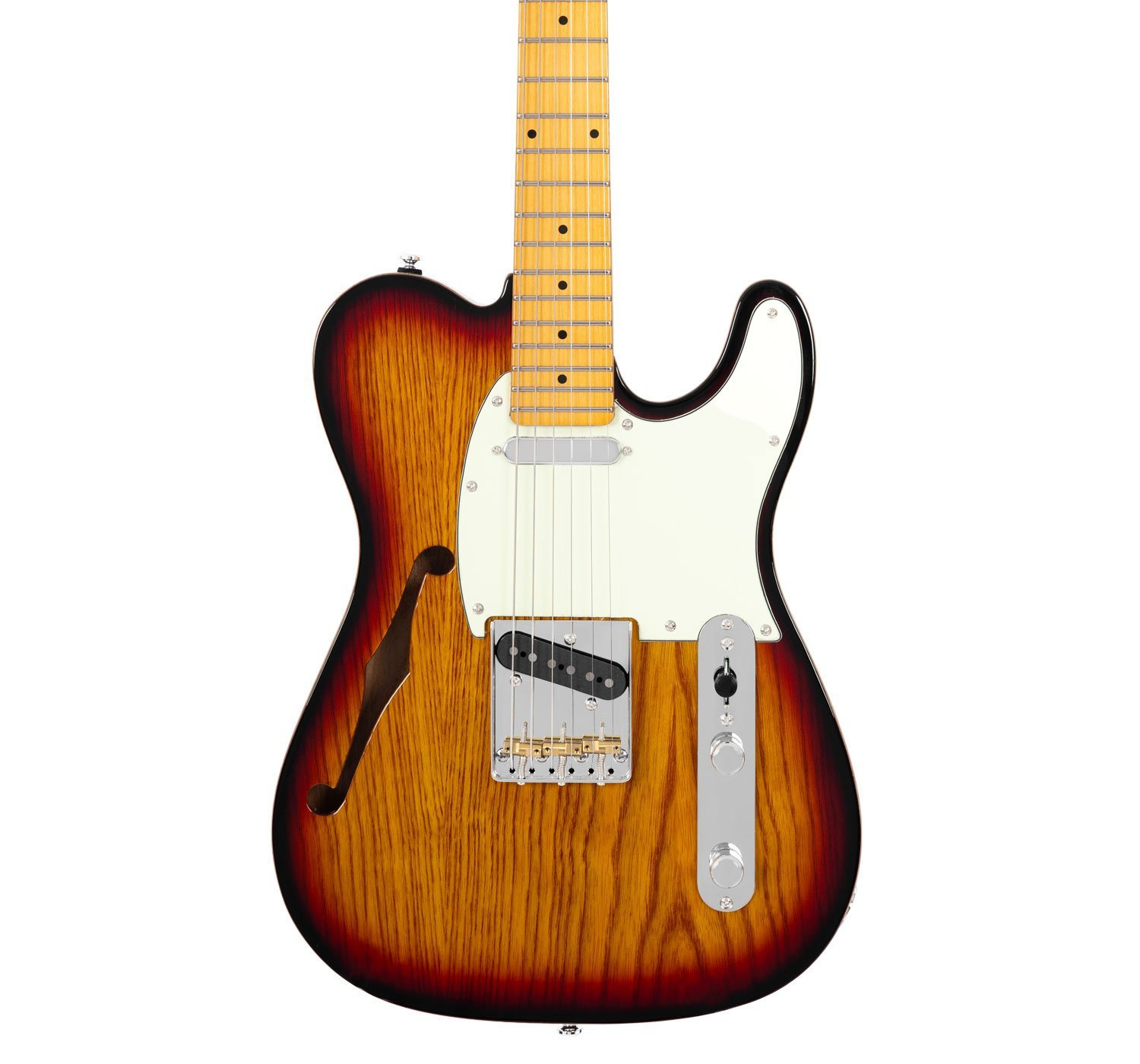 Beyaz pena korumalı, krom donanımlı, güneş patlaması renkli, oyuk gövdeli elektro gitar.