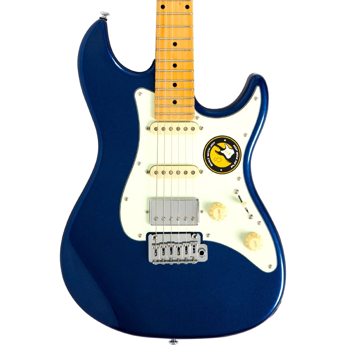 Beyaz pena korumalı ve gümüş donanımlı mavi elektro gitar.