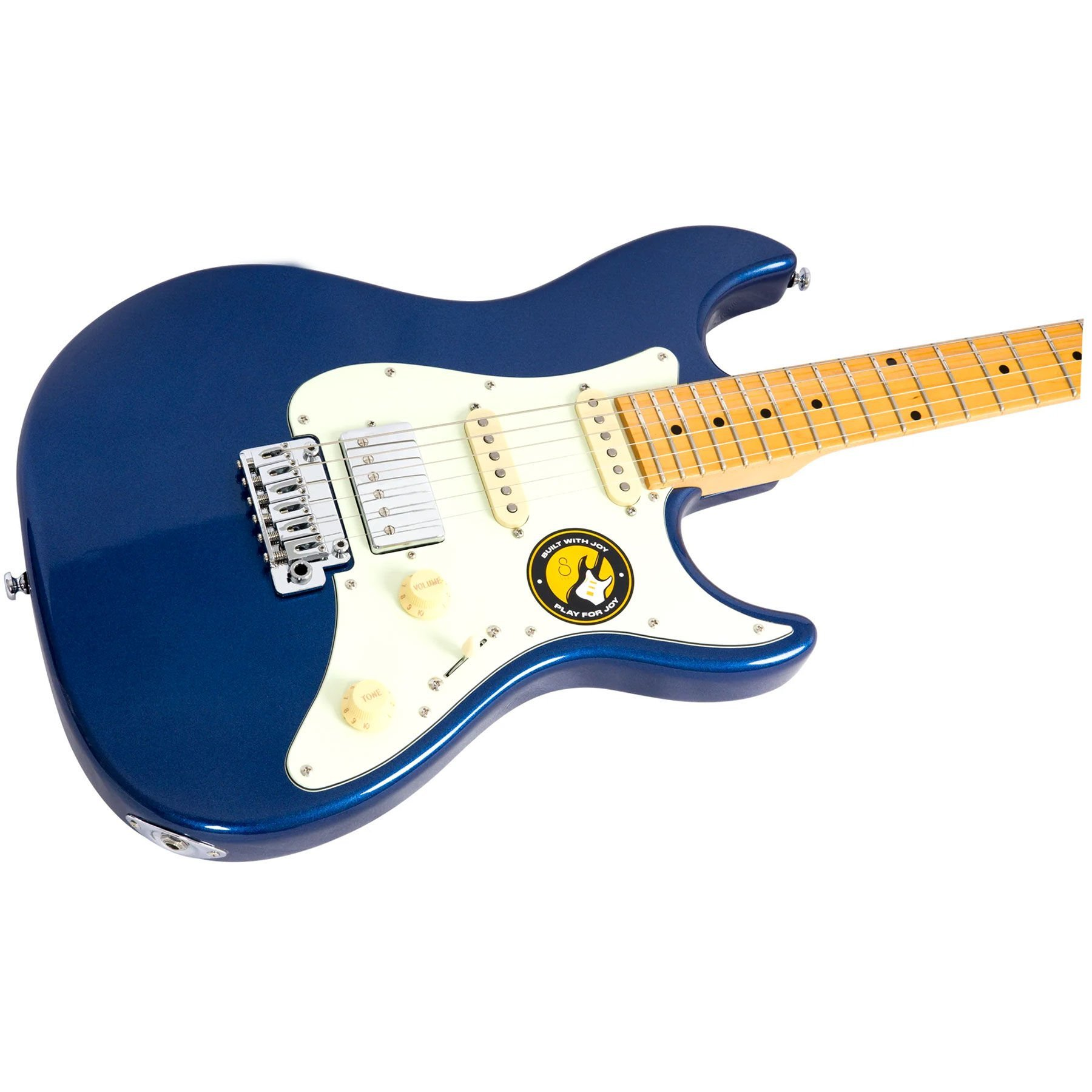 Beyaz pena korumalı ve altın rengi telli mavi elektro gitar.
