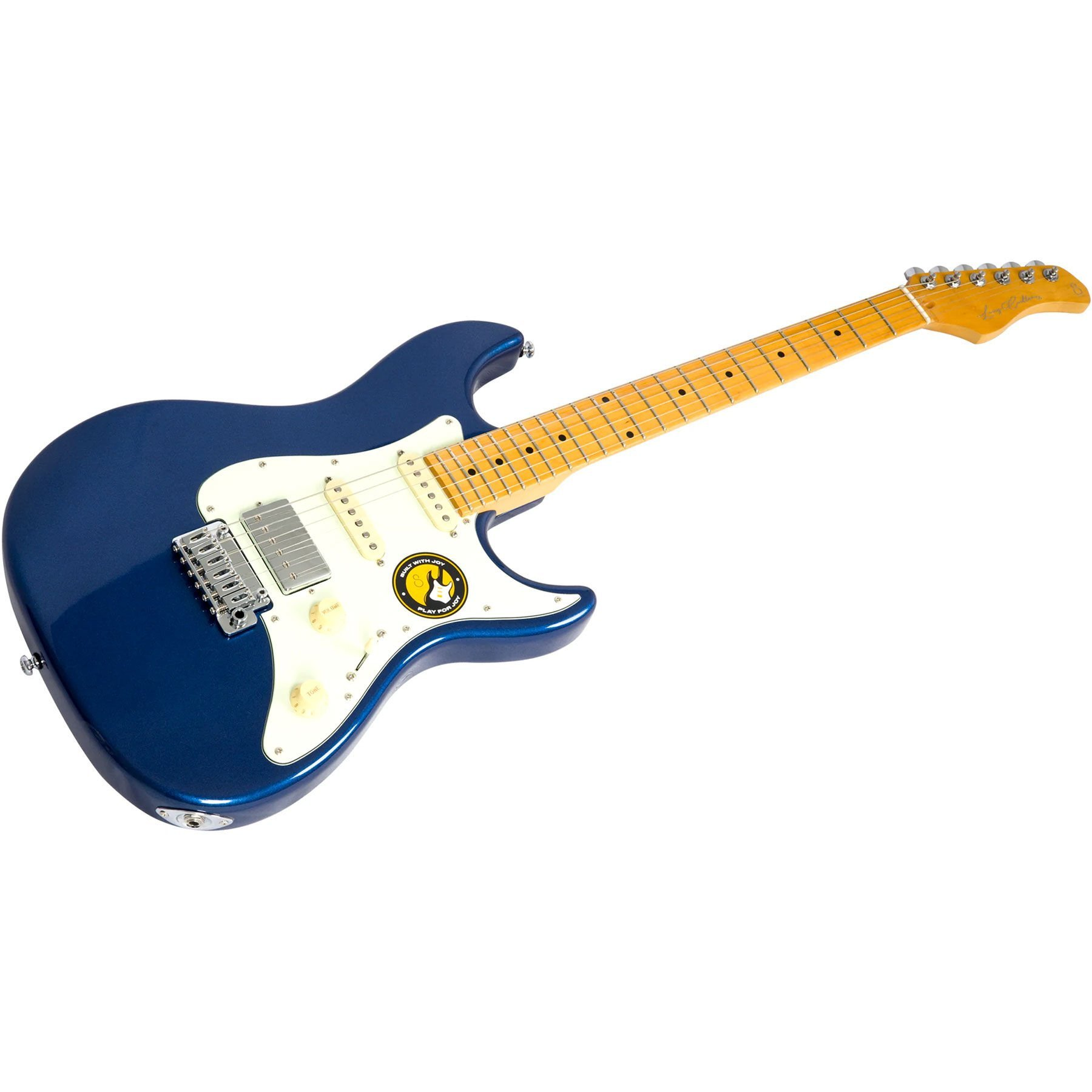 Beyaz pena korumalı ve gümüş donanımlı mavi elektro gitar.