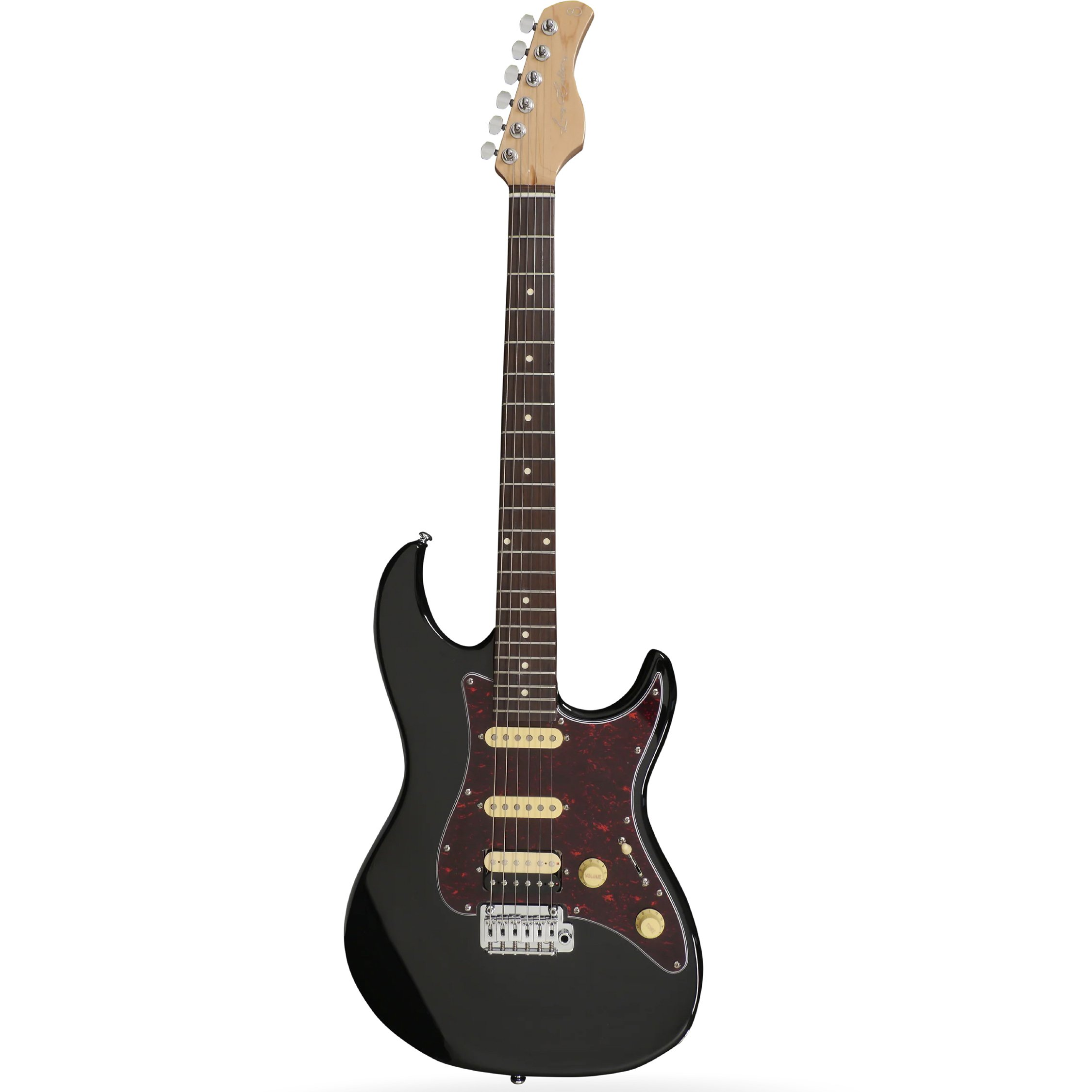 Kaplumbağa kabuğu pena korumalı siyah elektro gitar ve gümüş donanım.