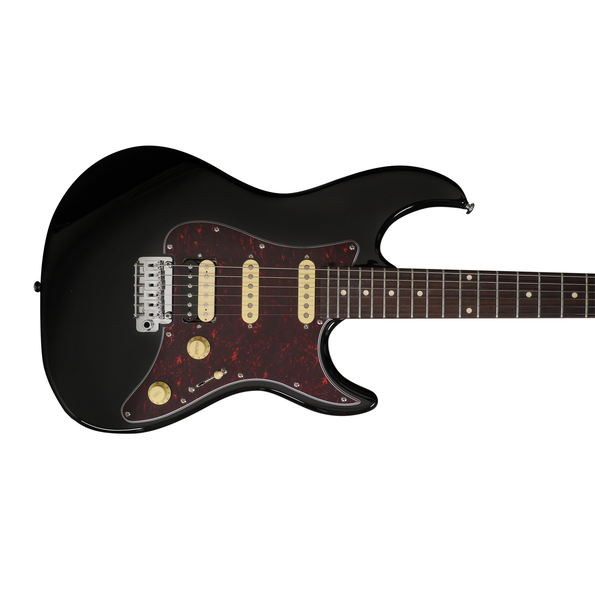Kaplumbağa desenli pena korumalı ve krem rengi manyetiklere sahip siyah elektro gitar.