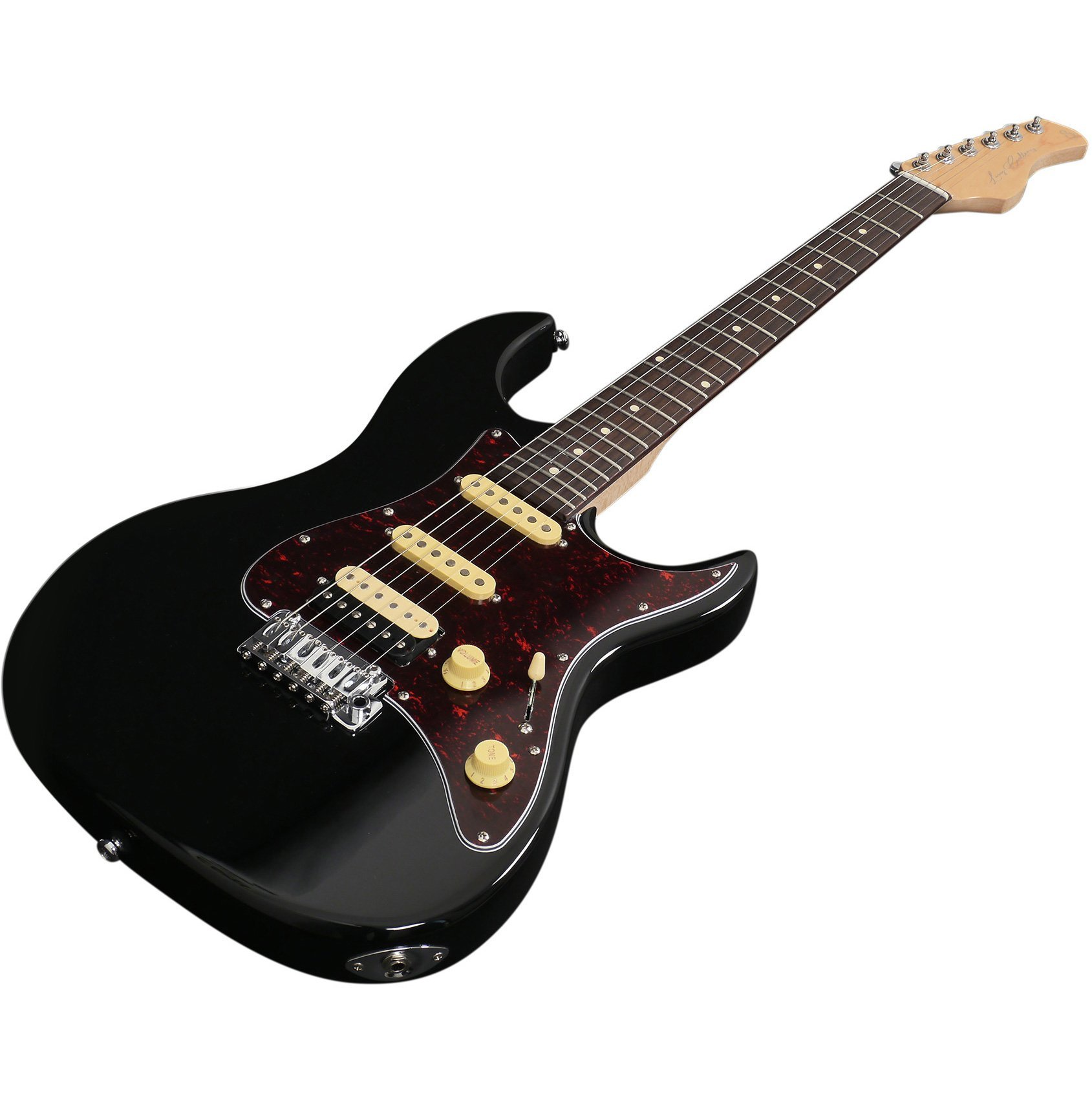 Kaplumbağa kabuğu pena korumalı, krem renkli manyetikli ve gümüş donanımlı siyah elektro gitar.