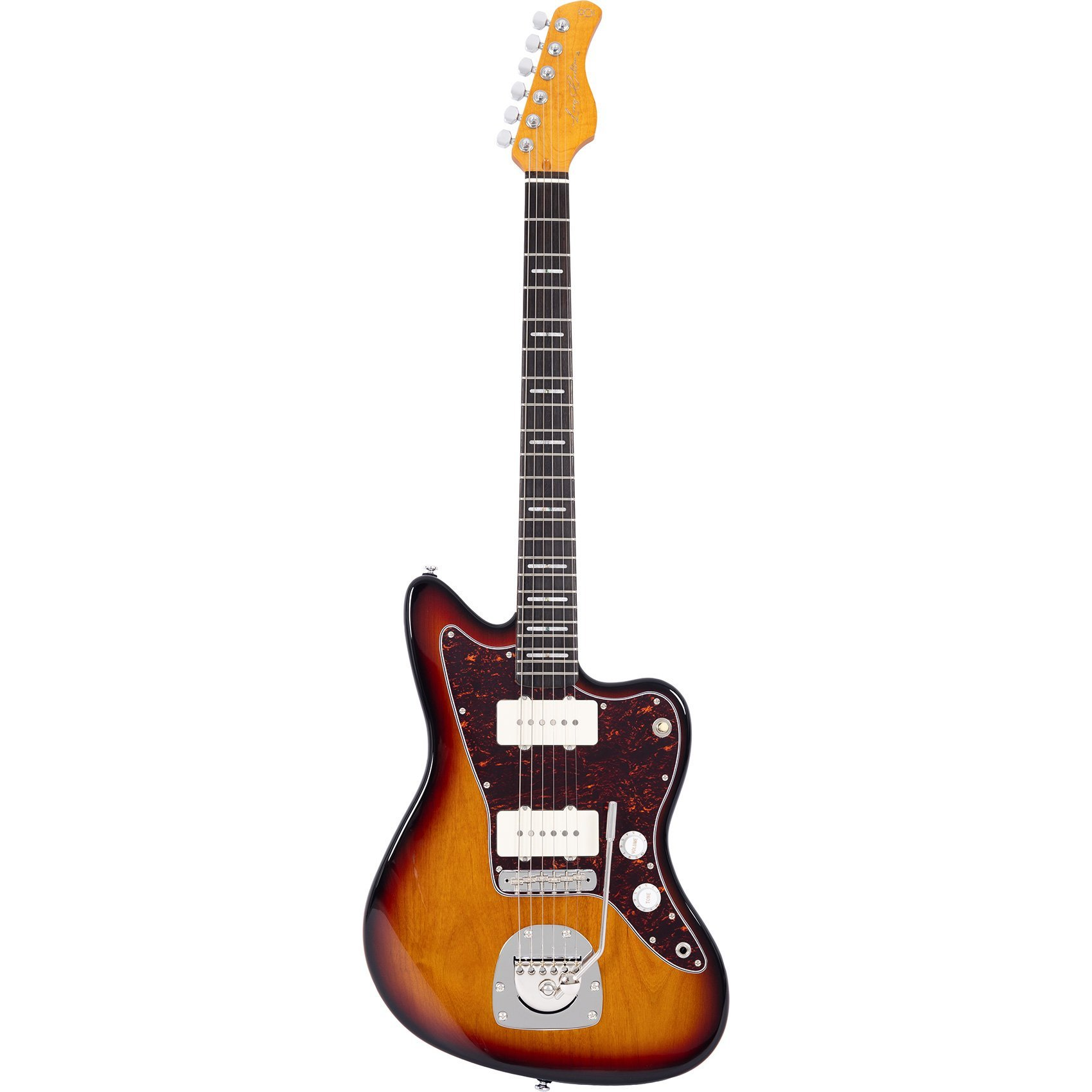 Kaplumbağa kabuğu pena ve krom donanıma sahip güneş patlaması kaplamalı elektro gitar.
