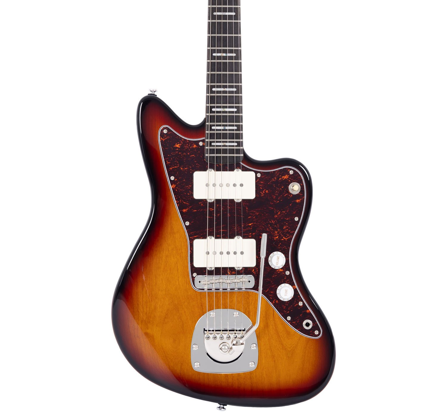 Kaplumbağa kabuğu pickguardlı, sunburst bitişli elektro gitar.
