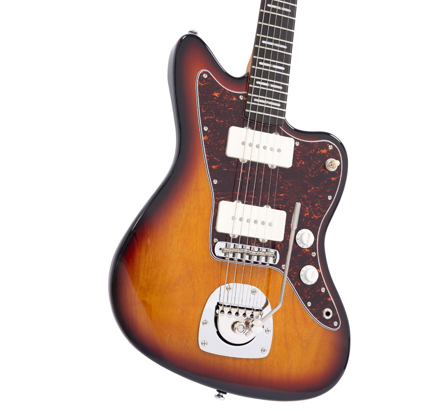 Güneş yanığı bitişli, iki beyaz manyetikli ve tremolo kollu elektro gitar.