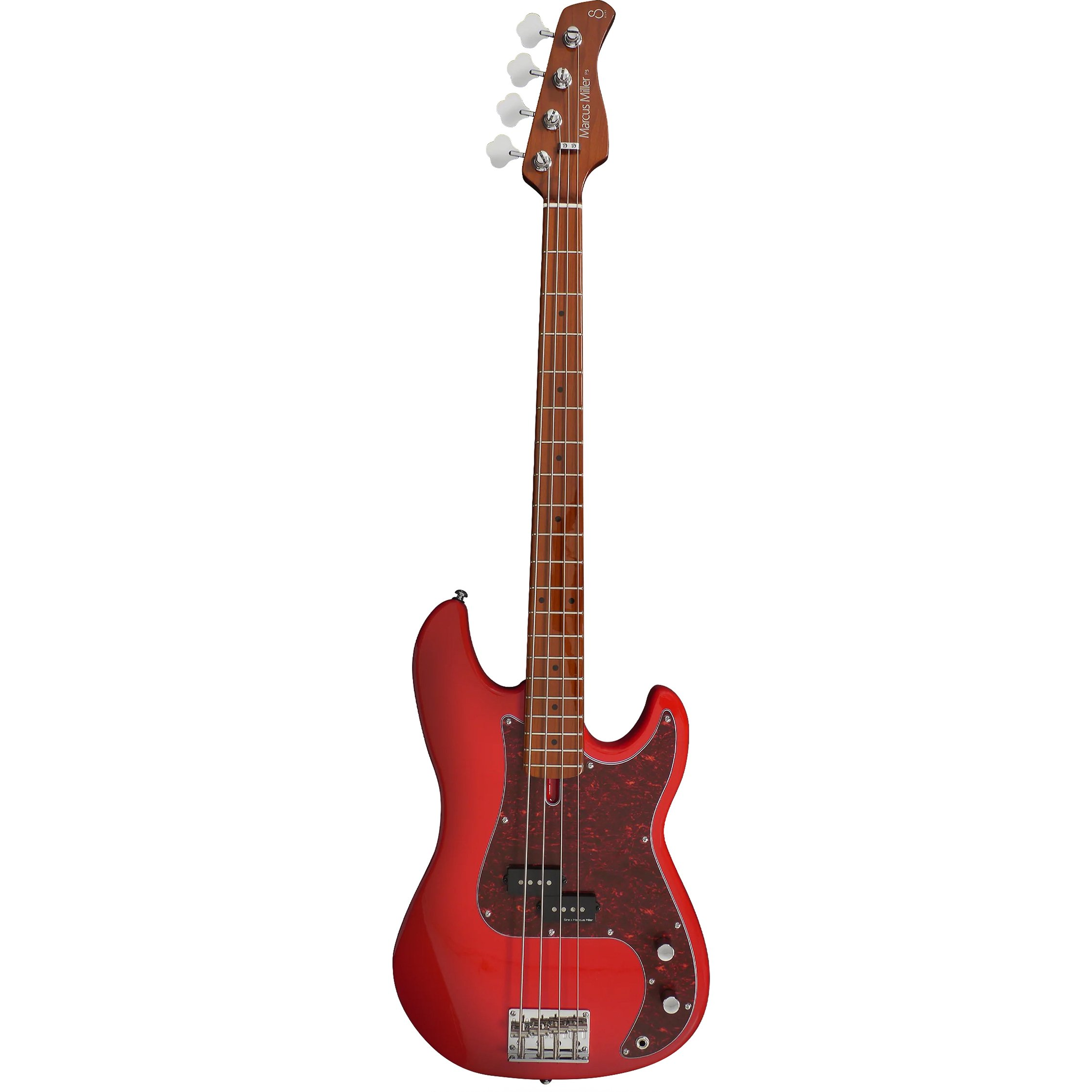 Kırmızı bas gitar, kahverengi klavye ve kaplumbağa kabuğu pena koruyucu.
