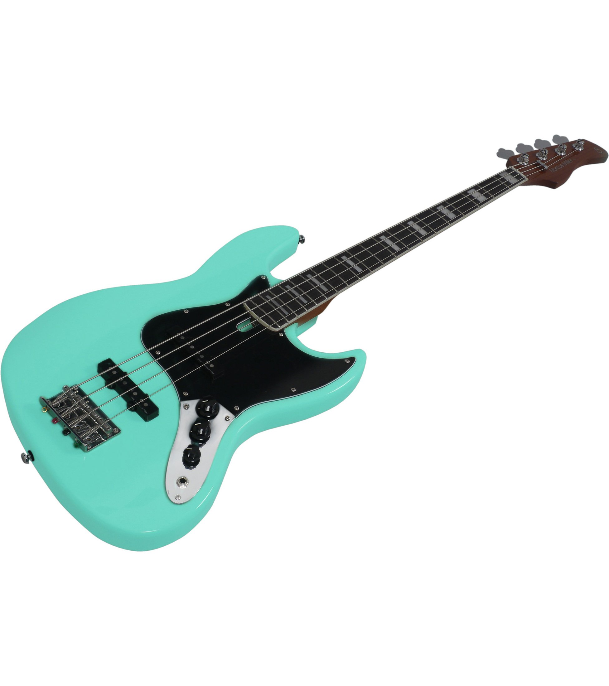 Siyah pena koruyuculu ve gümüş donanımlı turkuaz bas gitar.