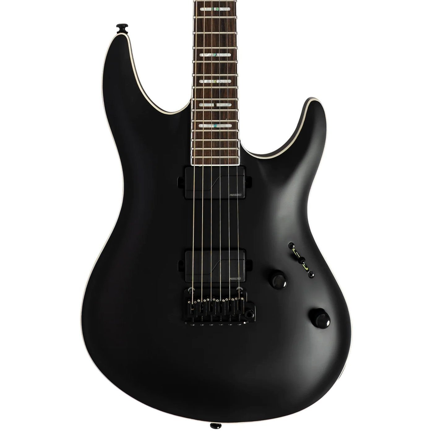 Gümüş teller ve koyu klavyeli siyah elektro gitar.