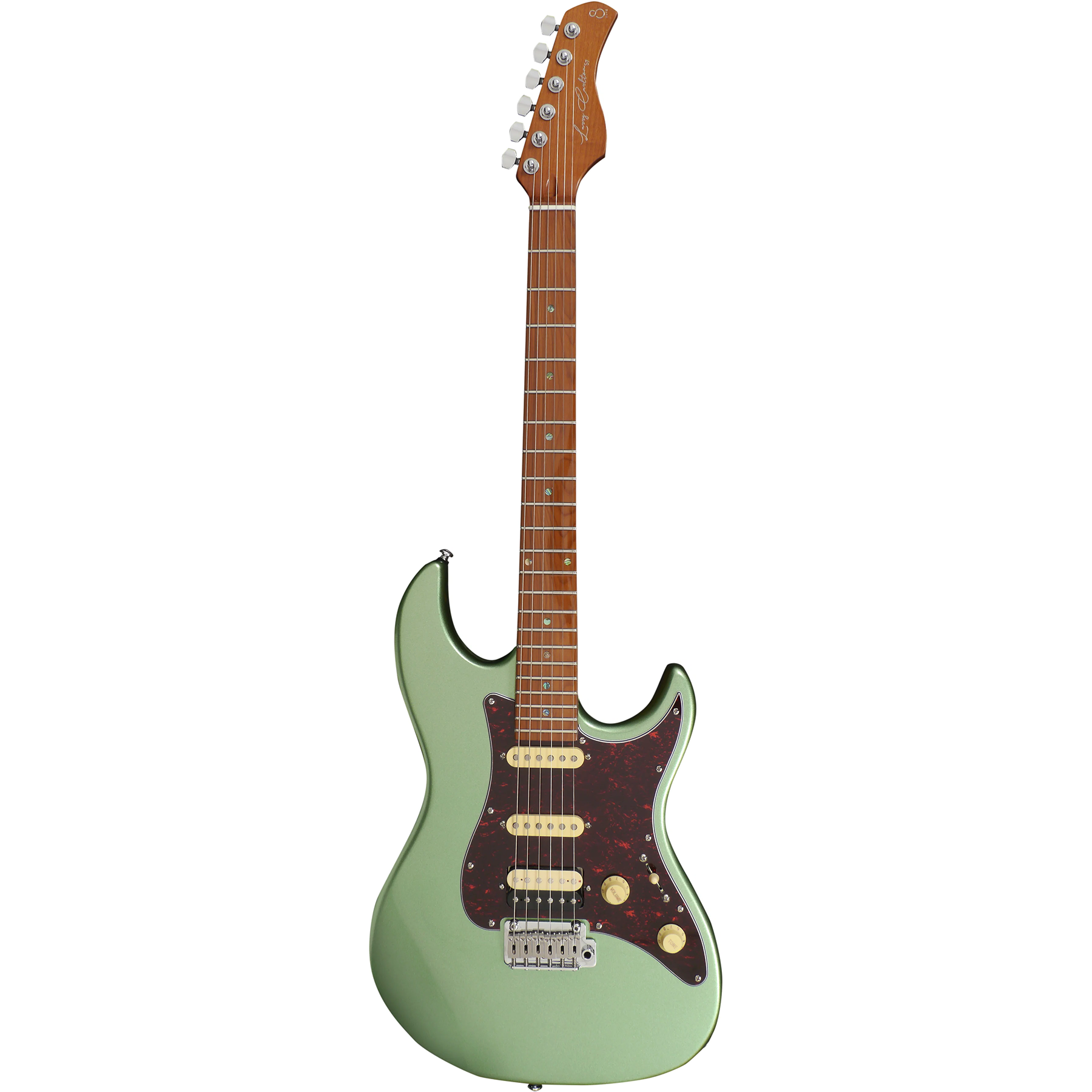 Açık yeşil elektrik gitar, kahverengi klavye ve altın manyetikler.