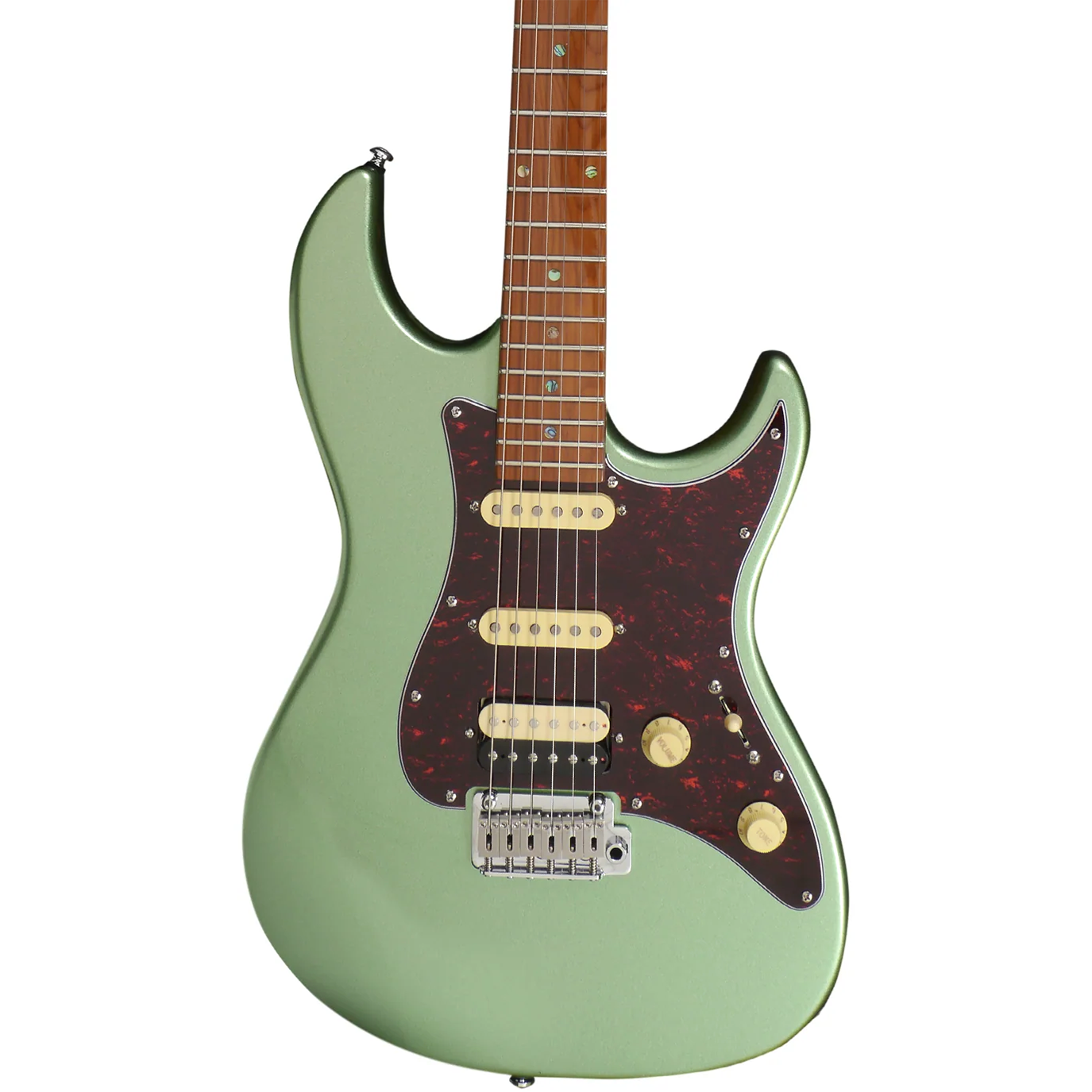 Kahverengi klavyeli ve kaplumbağa desenli pena korumalı açık yeşil elektro gitar.