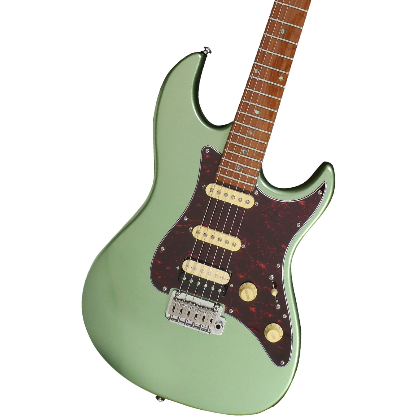 Kahverengi klavyeli ve kaplumbağa kabuğu pena korumalı açık yeşil elektro gitar.