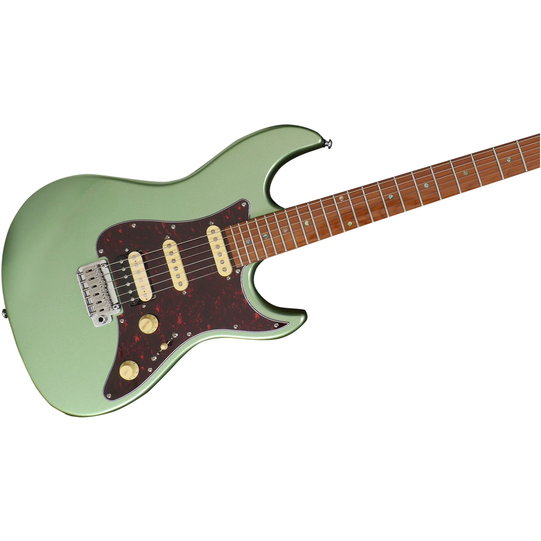 Kaplumbağa kabuğu desenli pickguard ve bej manyetiklere sahip açık yeşil elektro gitar.