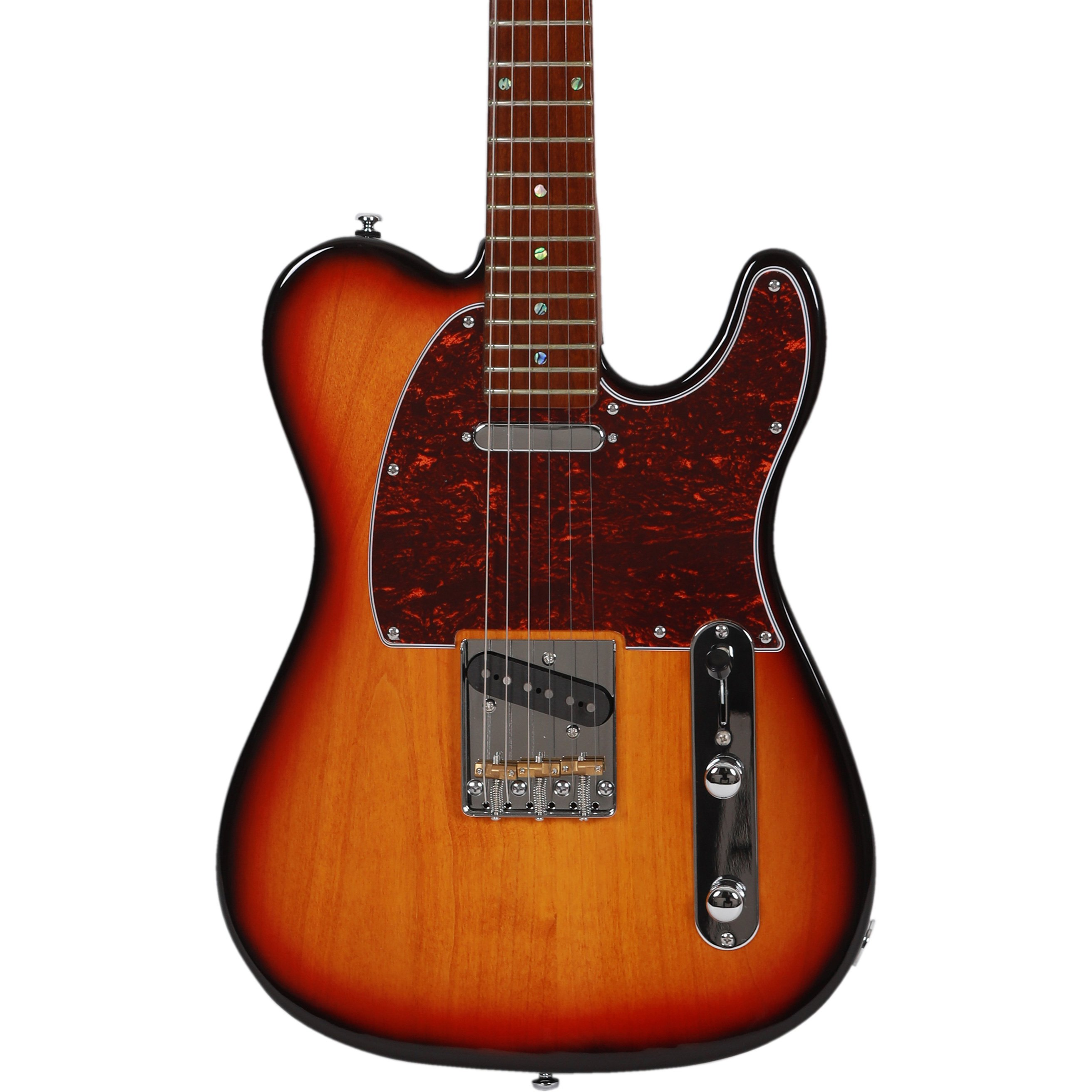 Kaplumbağa kabuğu pena korumalı, sunburst gövdeli elektro gitar.