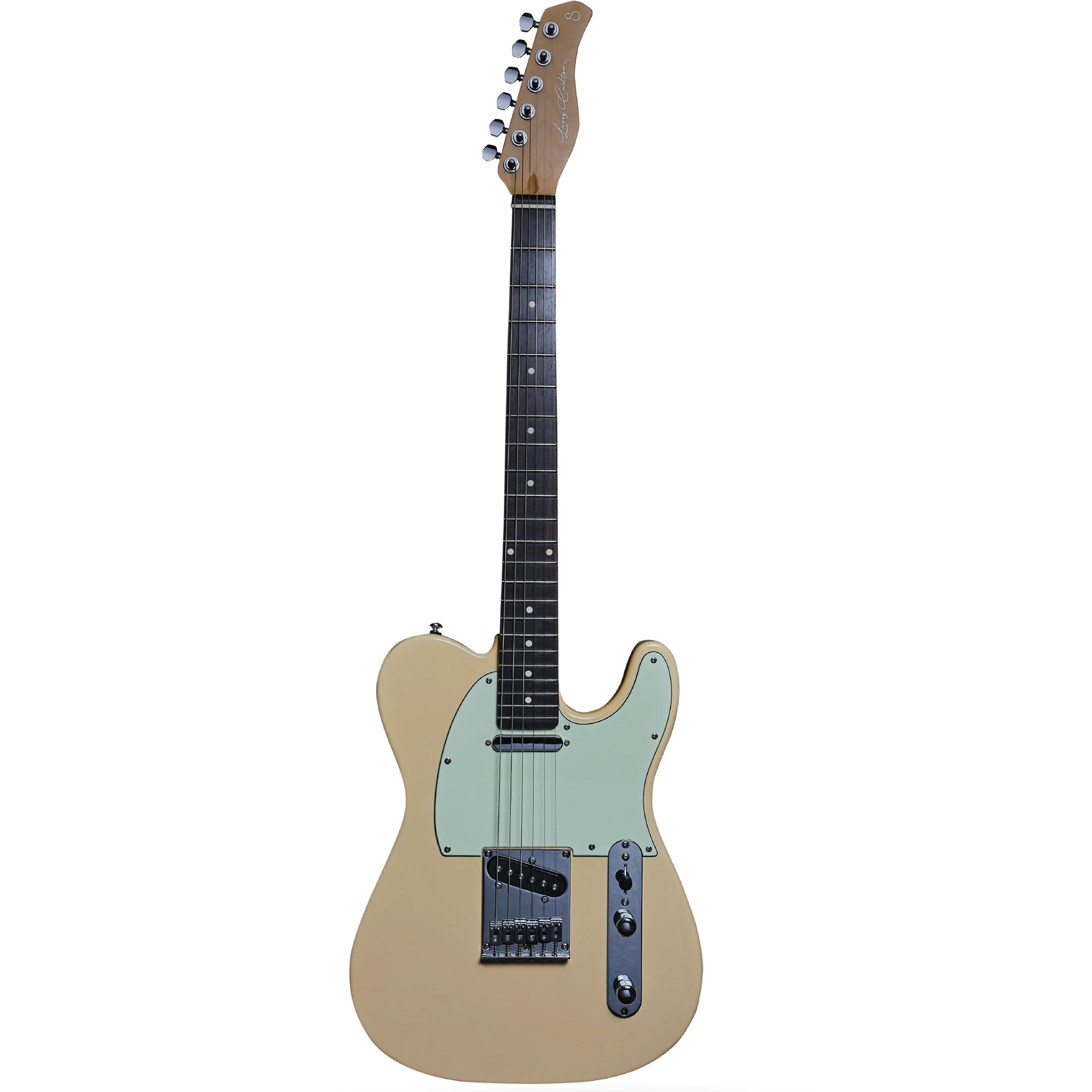 Açık yeşil pena korumalı, krem rengi elektro gitar ve gümüş donanım.