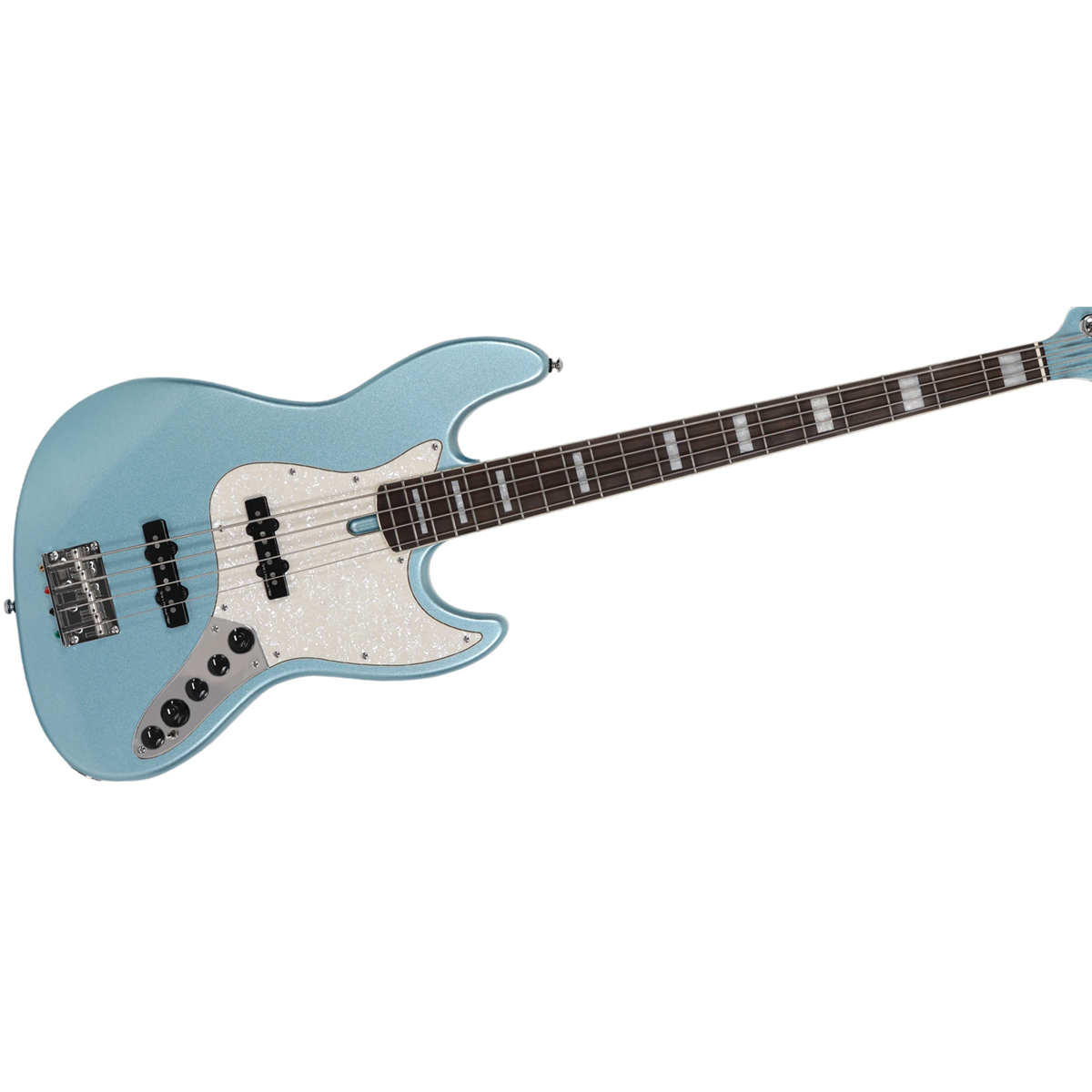 Sedef pena ve krom donanımlı açık mavi elektro bas gitar.