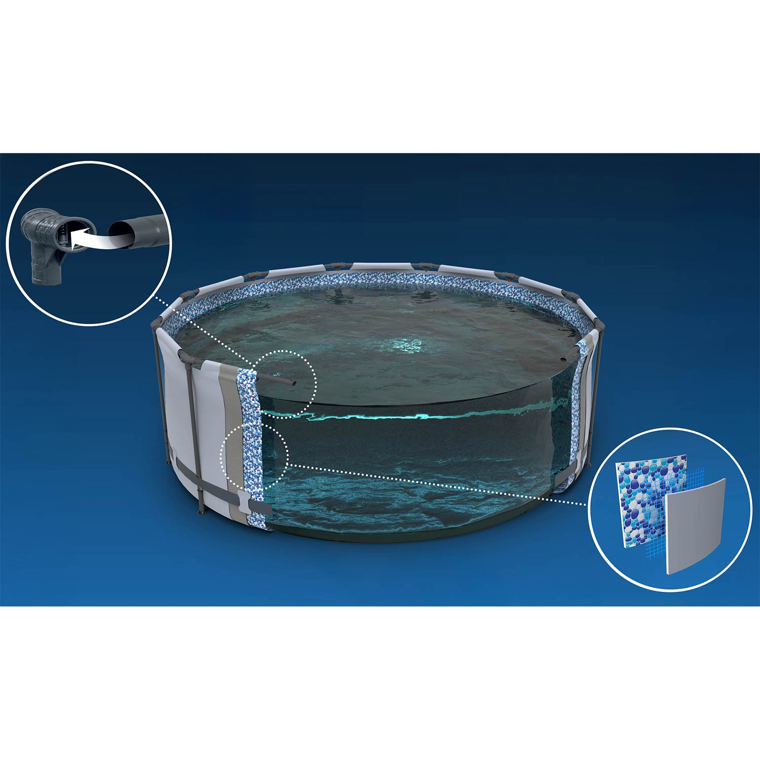 Widok przekroju okrągłego basenu pokazujący szczegóły ściany bocznej i wlotu.