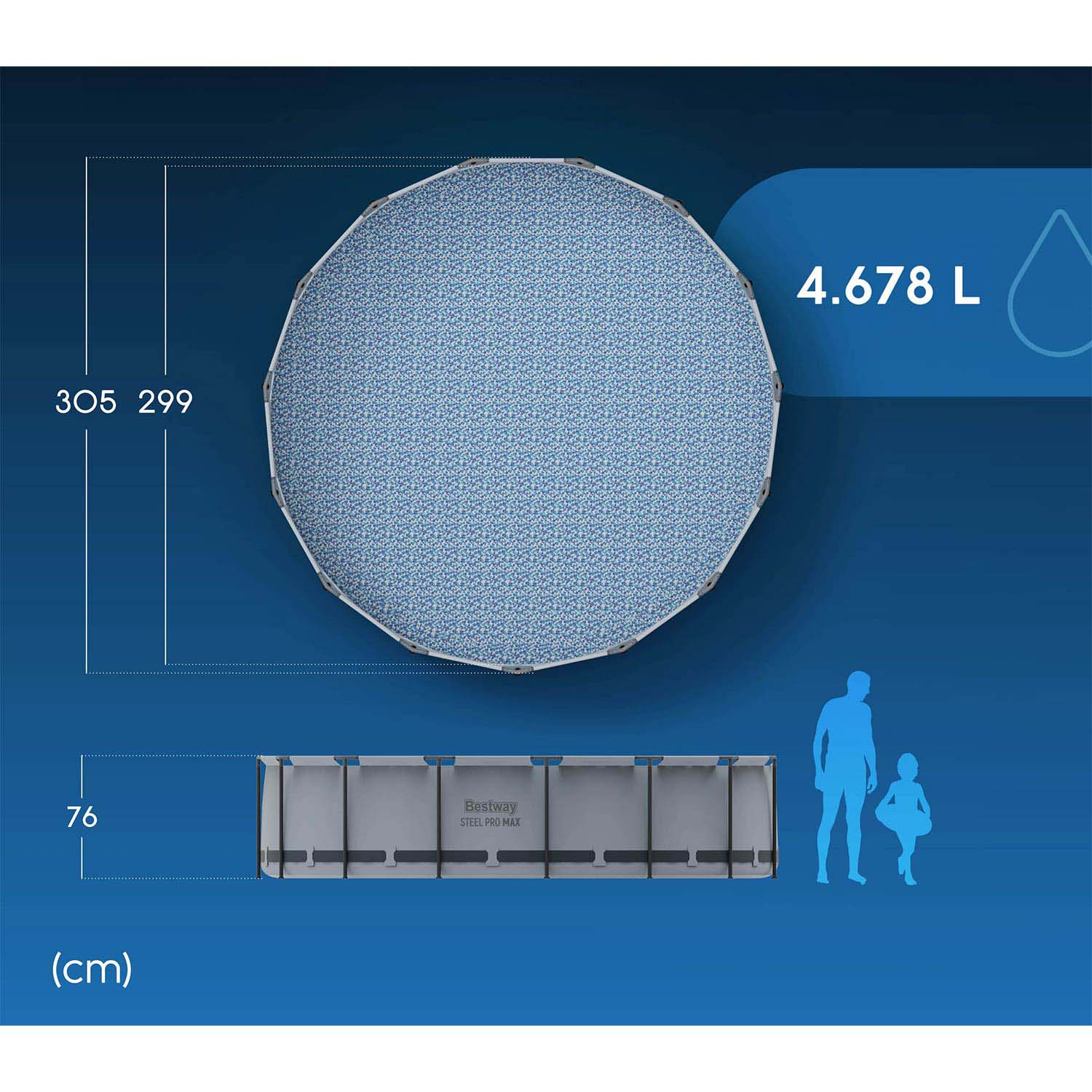 Okrągły basen Bestway z wymiarami (średnica 305cm, wysokość 76cm) i pojemnością (4.678L).