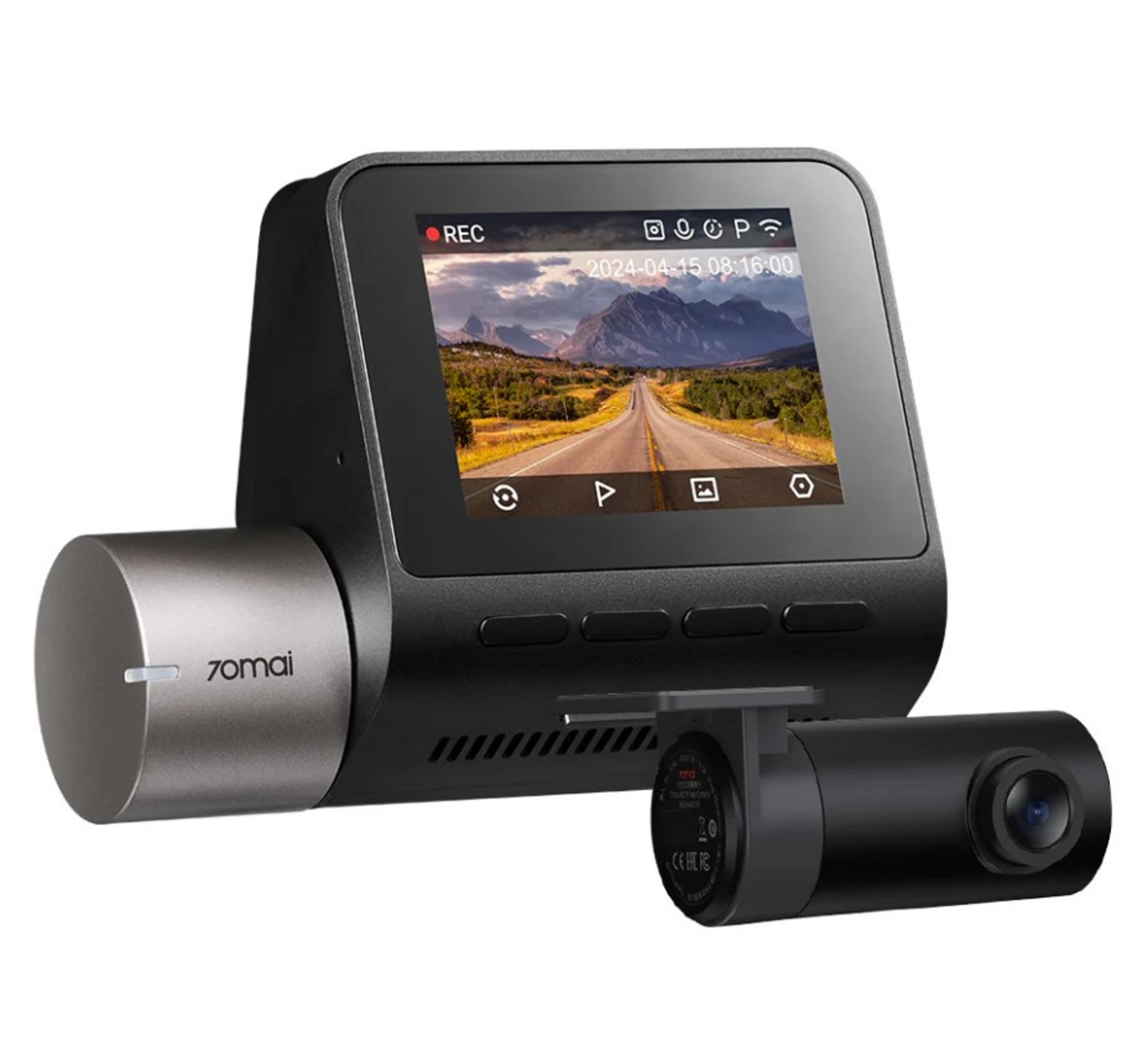 Zwei 70mai Dashcams, eine vorne, eine hinten, auf weißem Hintergrund.