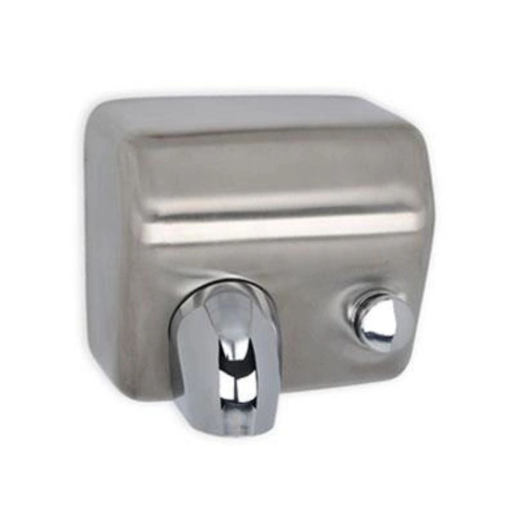 Srebrna, prostokątna metalowa suszarka do rąk z chromowaną dyszą i przyciskiem.