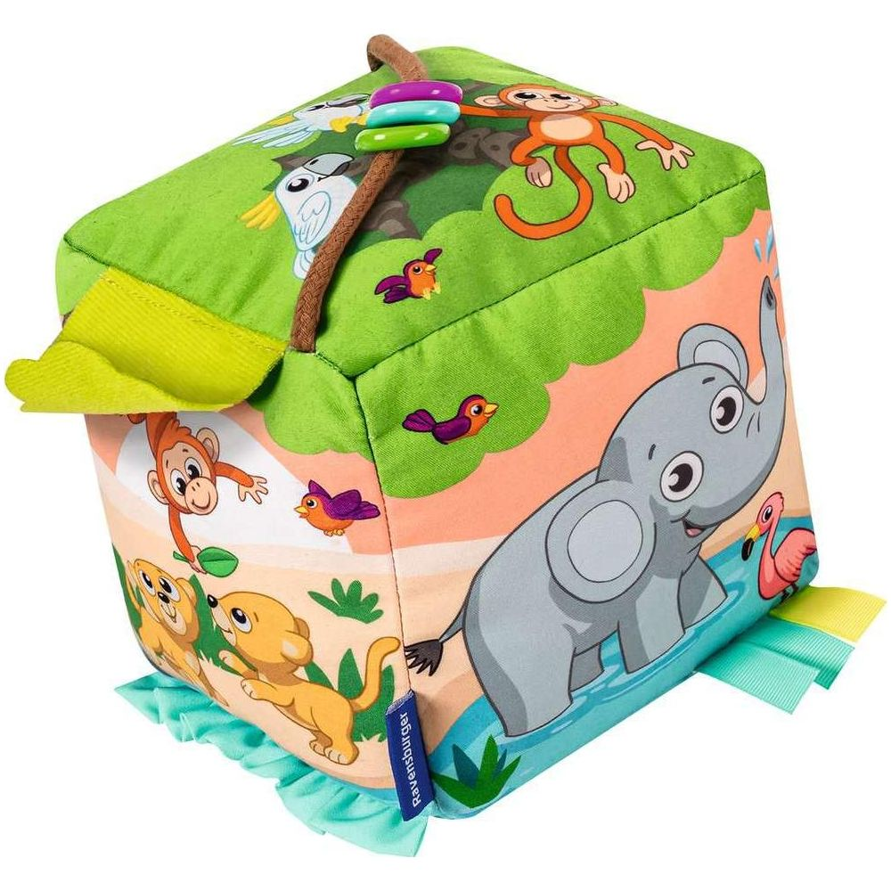 Ein Spielzeugwürfel mit Dschungeltieren wie Elefant, Affen, Löwen und Vögeln.