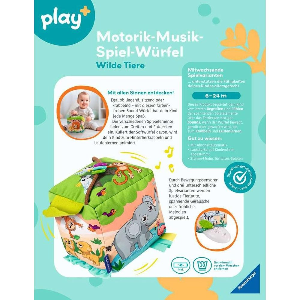 Ein bunter Spielwürfel mit Tieren und Musik für Babys, 6-24 Monate.