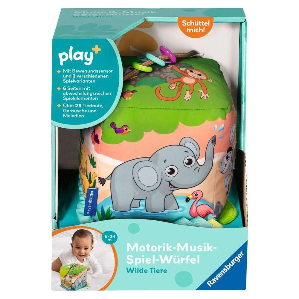 Ein Spielwürfel mit Elefant, Affe und Flamingos, für Babys von 6-24 Monaten.