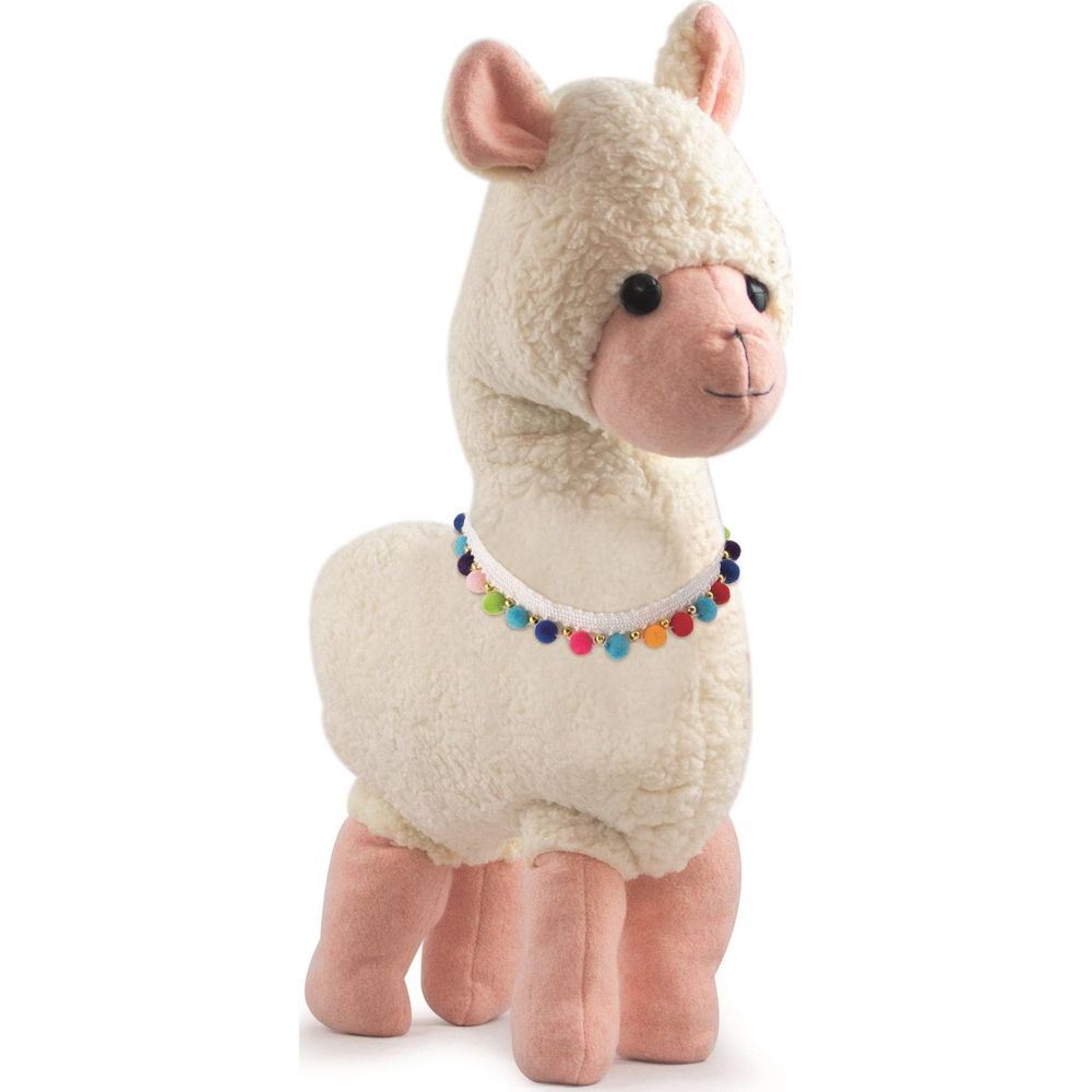 Peluche di lama bianco e soffice con gambe rosa e collare colorato di perline.