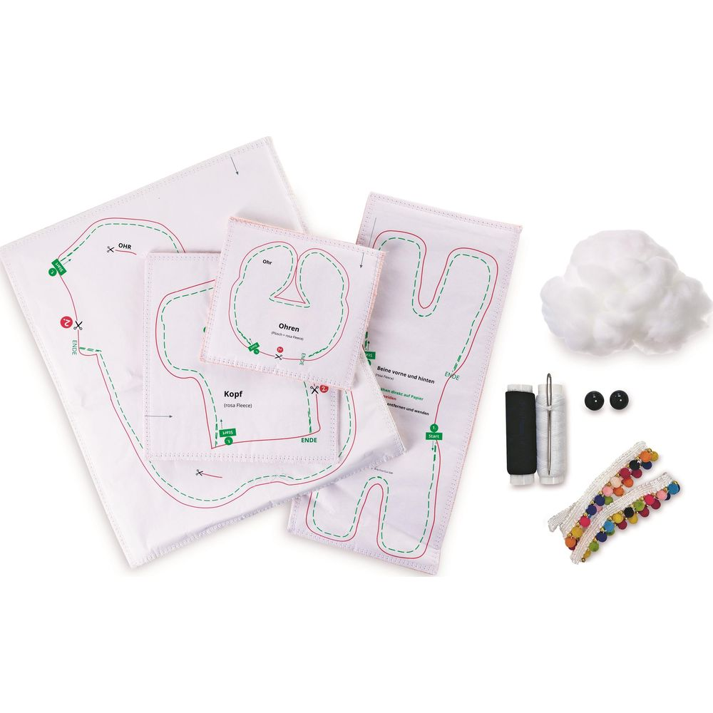 Materiali da cucito: cartamodelli, imbottitura, filo, bottoni e nastro per peluche.