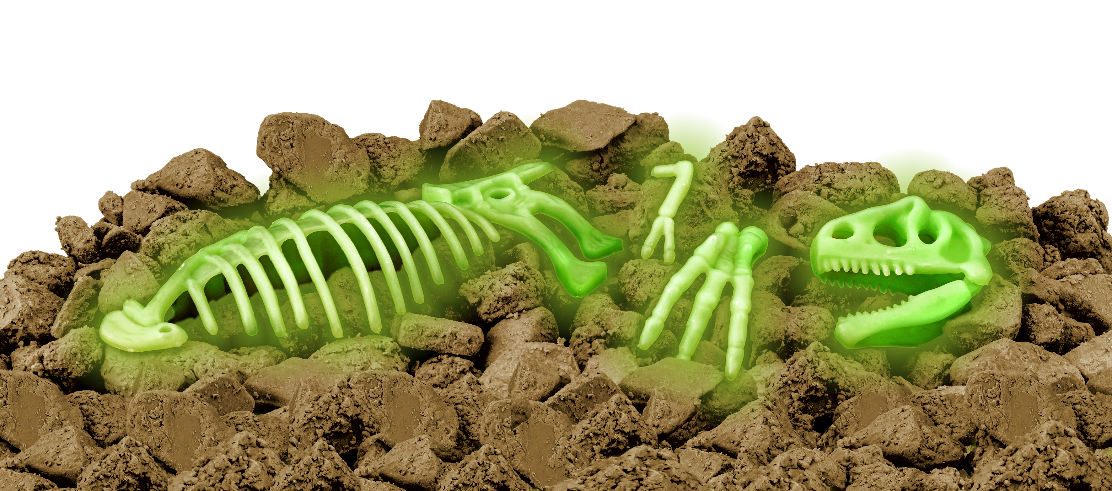 Parti di scheletro di dinosauro verde brillante sepolte nel terreno marrone.