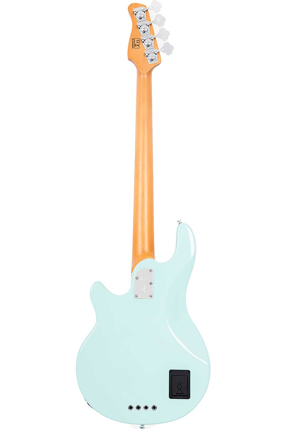 Ahşap saplı ve gümüş burgulu açık mavi bas gitar modeli.