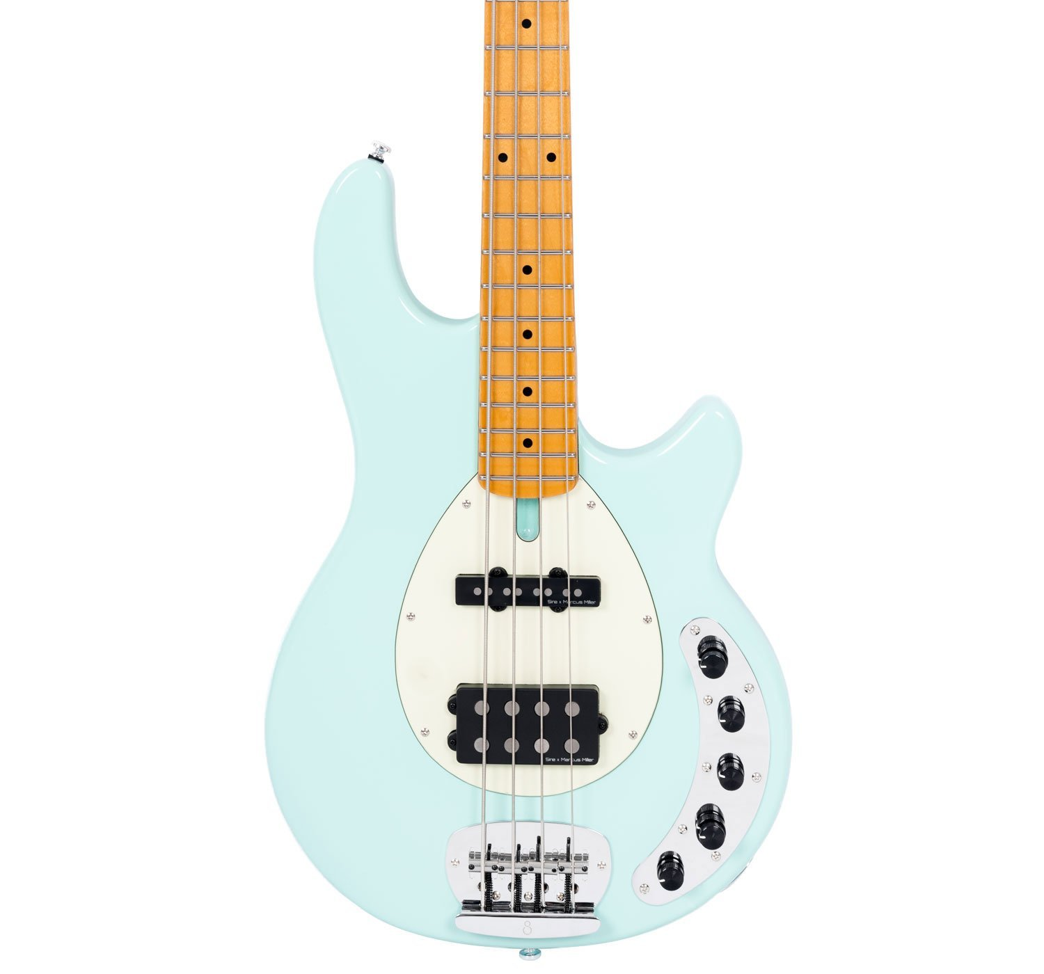 Açık mavi bas gitar, açık kahverengi sap ve siyah manyetikler.