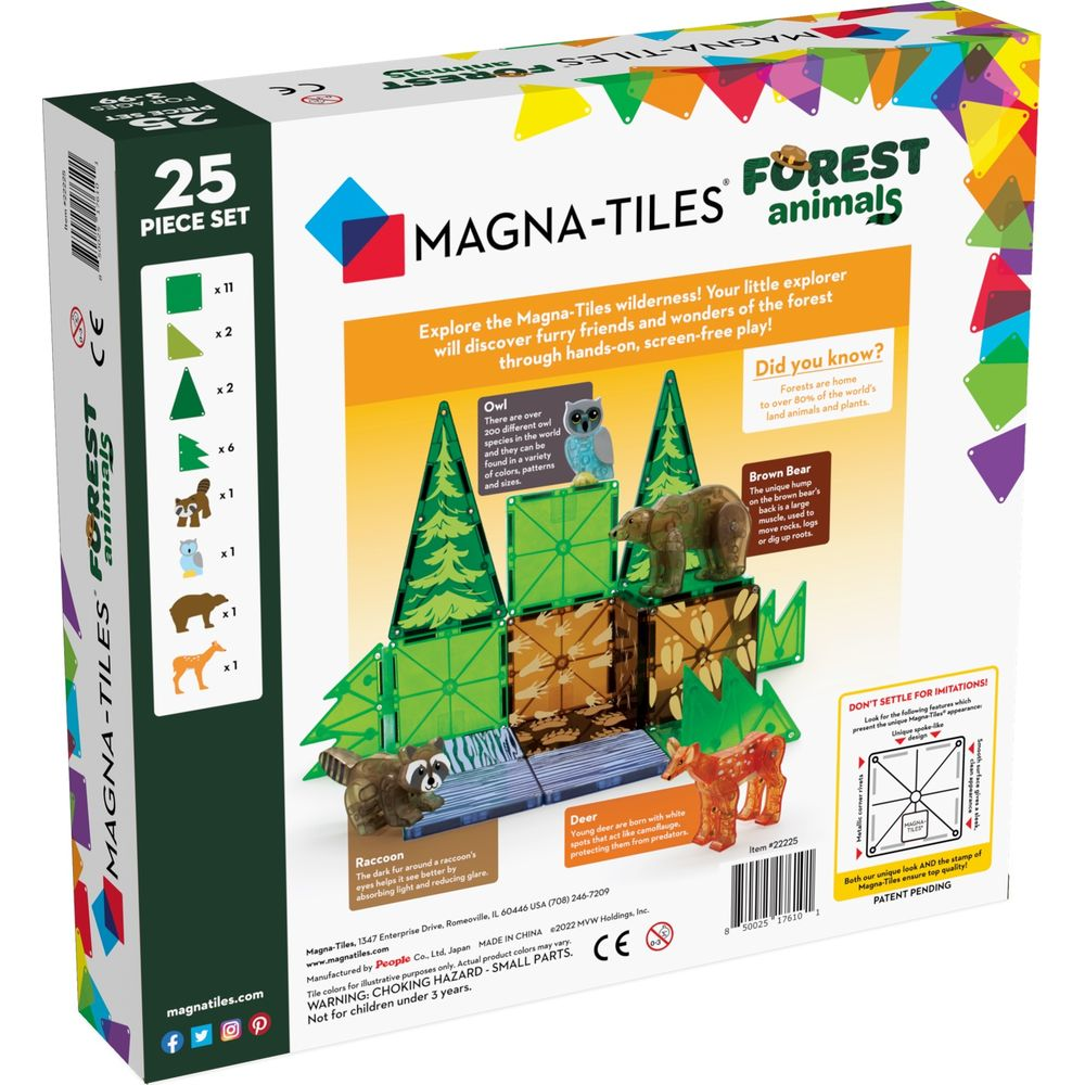Magna-Tiles Forest Animals Set mit 25 Teilen: Bär, Hirsch, Eule, Waschbär, Bäume, Fliesen.