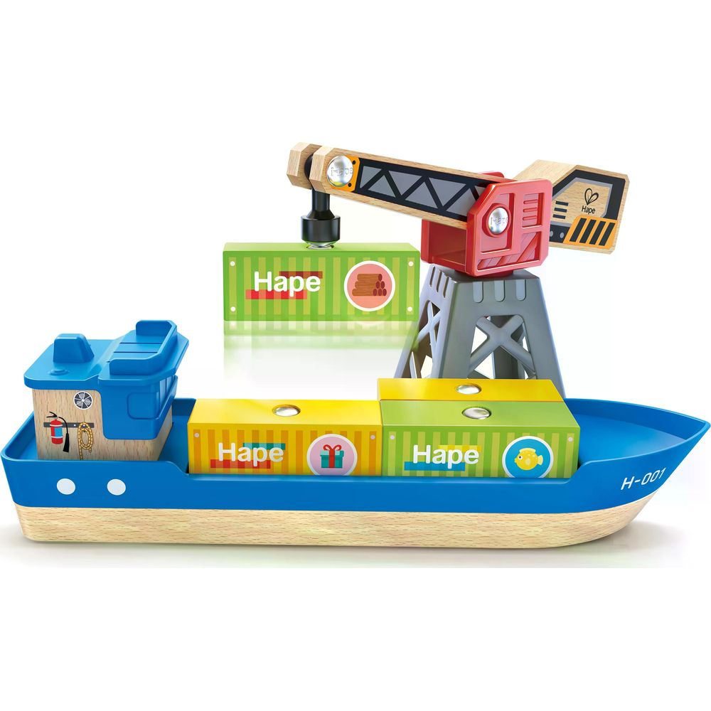Nave giocattolo in legno con container e gru. Nave blu, container gialli e verdi.