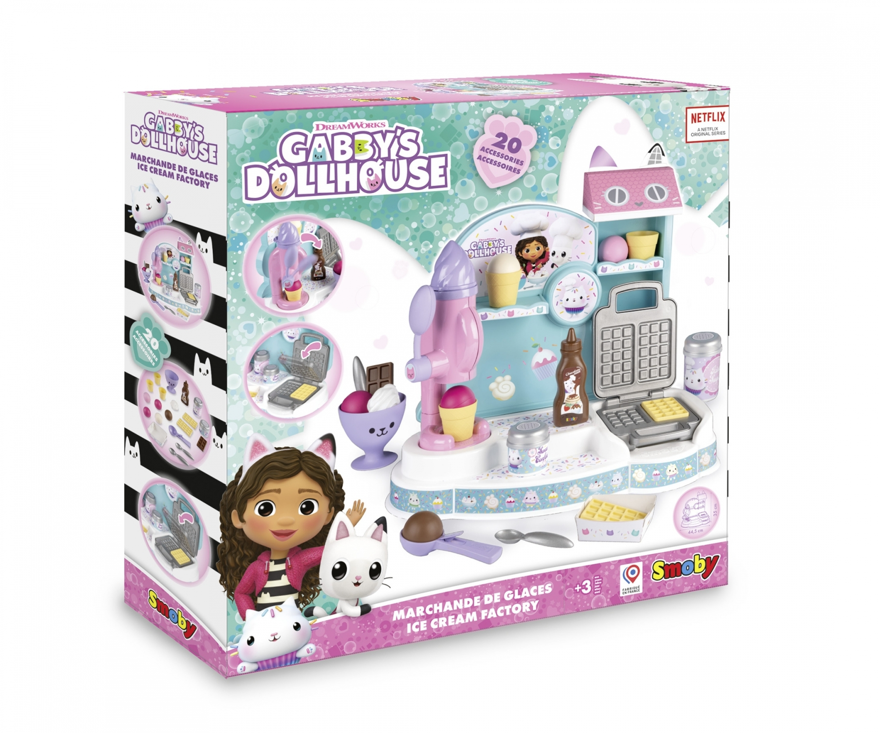Pudełko z zabawką Fabryka Lodów Gabby's Dollhouse z postaciami i akcesoriami.