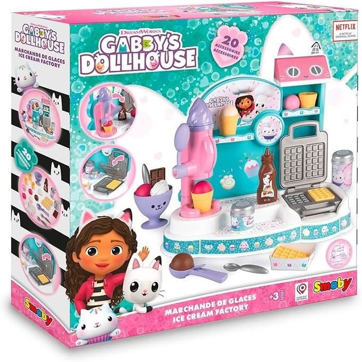 Pudełko z zabawką Fabryka Lodów Gabby's Dollhouse z postaciami, maszyną do lodów, gofrownicą i akcesoriami.