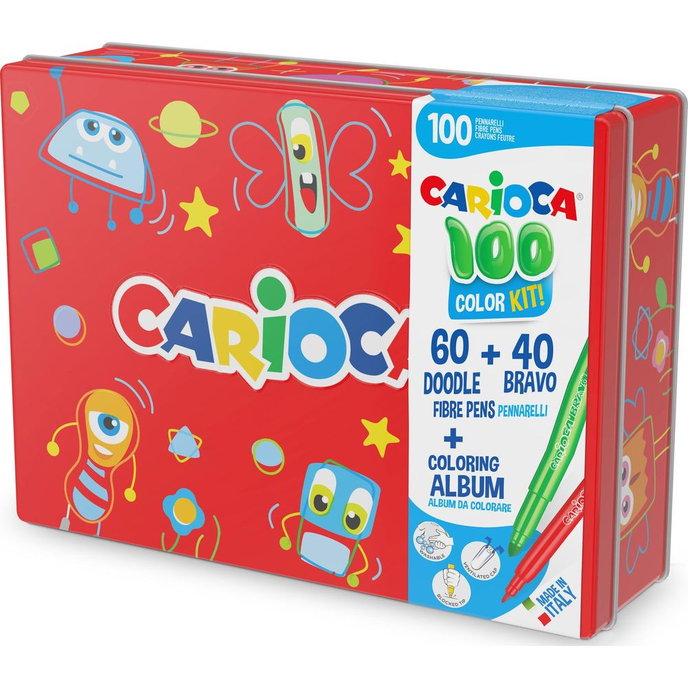 Rote Carioca-Box mit 100 Stiften und Malbuch. Bunte Monster-Designs.