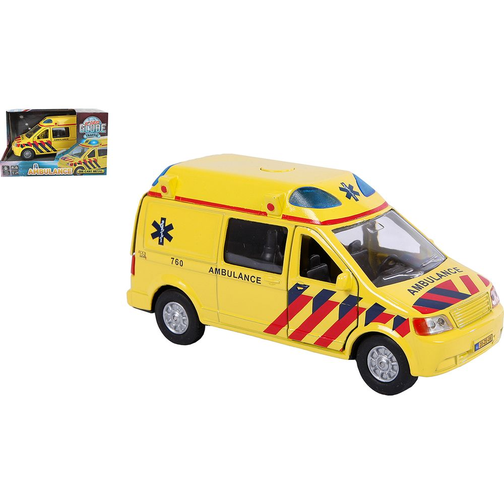 Gelber Spielzeug-Rettungswagen mit blauen und roten Streifen.