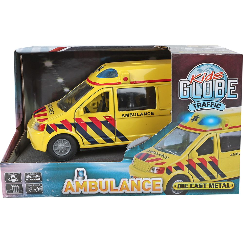 Gelbes Spielzeug-Ambulanzfahrzeug mit blauen Lichtern auf der Verpackung.