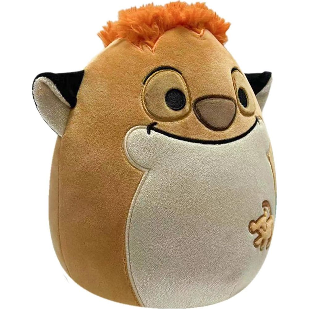 Une peluche de lion marron avec des cheveux orange et un ventre beige clair.